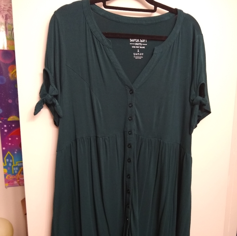 Torrid Size 1 Super Soft Teal Side Tie Sleeve Button Down Babydoll Top